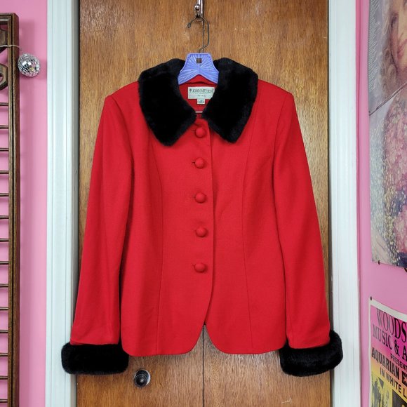 Vintage 90s Red & Black Faux Fur Trim Blazer Jacket - Picture 4 of 8